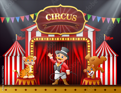 Cartoon ringmaster and many animal performance on the stage
