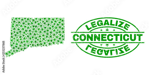 Vector cannabis Connecticut State map collage and grunge textured Legalize stamp seal. Concept with green weed leaves. Template for cannabis legalize campaign.