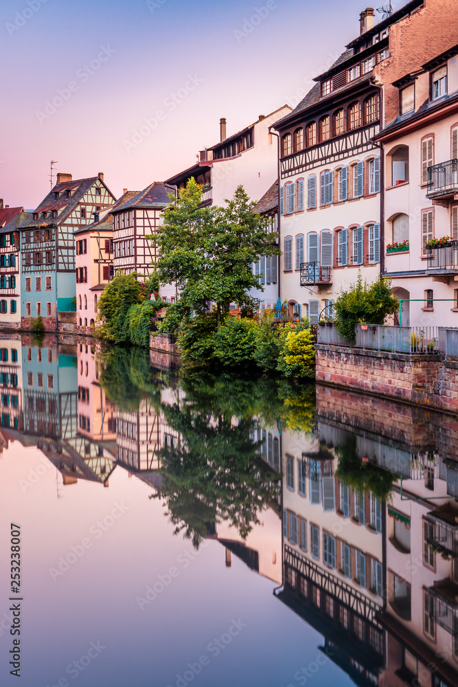 Traditional half-timbered houses on picturesque canals in La Petite France in the medieval fairytale town of Strasbourg, UNESCO World Heritage Site, Alsace, France
