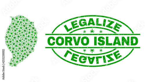 Vector cannabis Corvo Island map mosaic and grunge textured Legalize stamp seal. Concept with green weed leaves. Concept for cannabis legalize campaign.