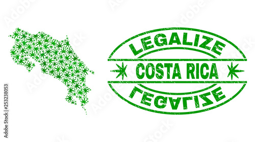Vector cannabis Costa Rica map mosaic and grunge textured Legalize stamp seal. Concept with green weed leaves. Concept for cannabis legalize campaign.