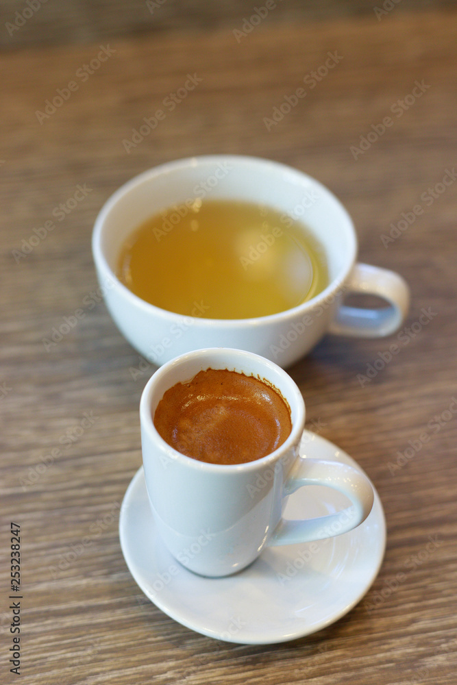 Hot black coffee and tea. Hot black coffee and tea.