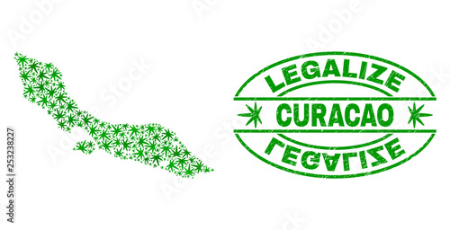 Vector cannabis Curacao Island map collage and grunge textured Legalize stamp seal. Concept with green weed leaves. Template for cannabis legalize campaign.