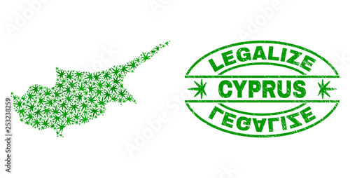 Vector cannabis Cyprus map mosaic and grunge textured Legalize stamp seal. Concept with green weed leaves. Concept for cannabis legalize campaign. Vector Cyprus map is designed with cannabis leaves.