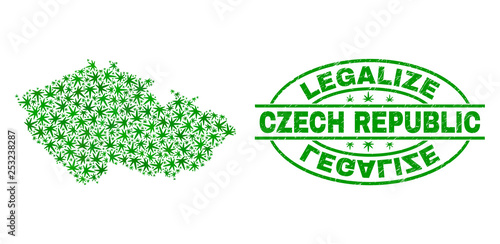 Vector marijuana Czech Republic map collage and grunge textured Legalize stamp seal. Concept with green weed leaves. Concept for cannabis legalize campaign.