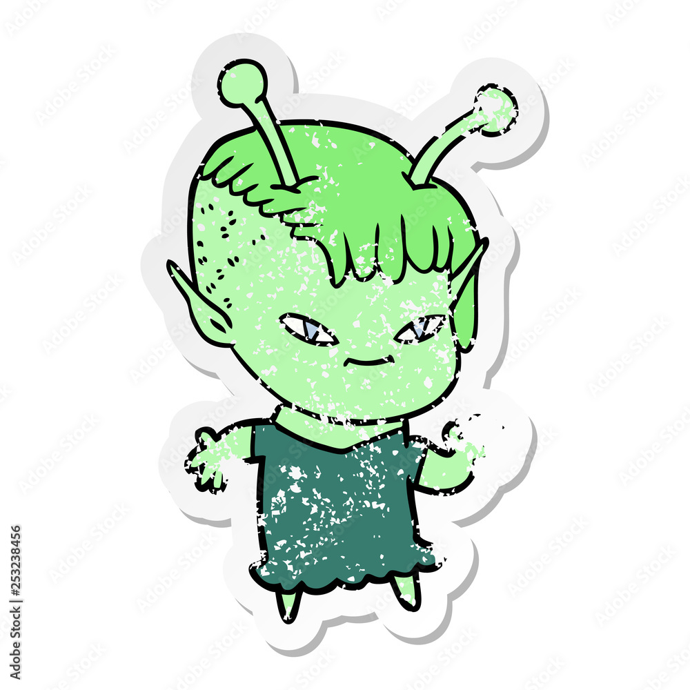 distressed sticker of a cute cartoon alien girl distressed sticker of a cute cartoon alien girl