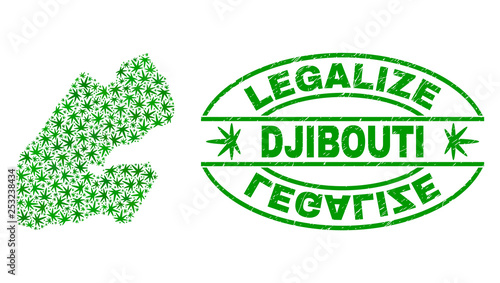 Vector cannabis Djibouti map mosaic and grunge textured Legalize stamp seal. Concept with green weed leaves. Template for cannabis legalize campaign. Vector Djibouti map is composed with weed leaves.