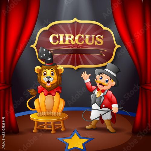 Cartoon ringmaster and a lion on the circus stage