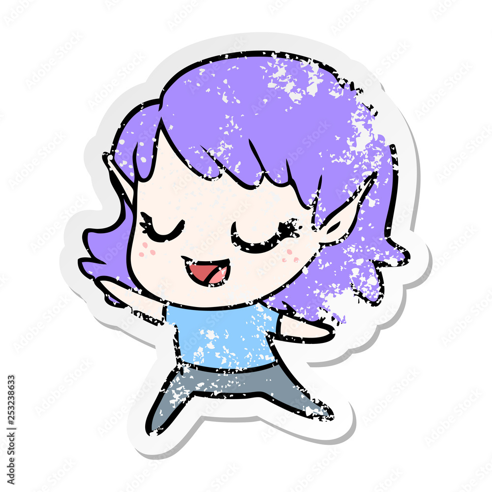 distressed sticker of a carton happy elf girl dancing distressed sticker of a carton happy elf girl dancing