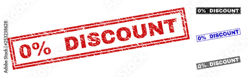 Grunge 0% DISCOUNT rectangle stamp seals isolated on a white background. Rectangular seals with grunge texture in red, blue, black and grey colors.