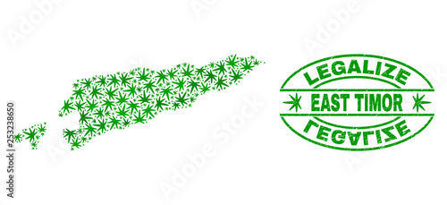Vector cannabis East Timor map mosaic and grunge textured Legalize stamp seal. Concept with green weed leaves. Concept for cannabis legalize campaign.