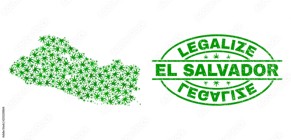 Vector cannabis El Salvador map mosaic and grunge textured Legalize stamp seal. Concept with green weed leaves. Concept for cannabis legalize campaign.