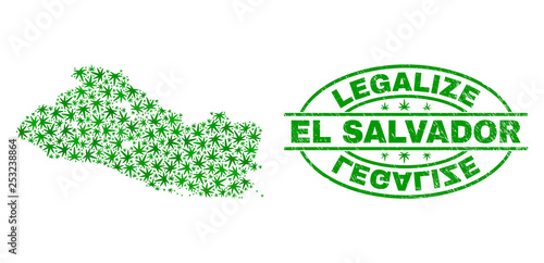Vector cannabis El Salvador map mosaic and grunge textured Legalize stamp seal. Concept with green weed leaves. Concept for cannabis legalize campaign.