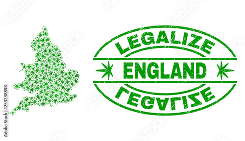 Vector cannabis England map collage and grunge textured Legalize stamp seal. Concept with green weed leaves. Concept for cannabis legalize campaign. Vector England map is formed with herbal leaves.