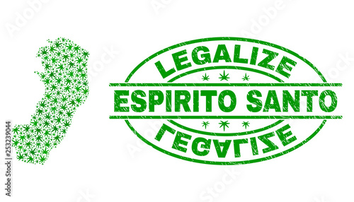 Vector cannabis Espirito Santo State map collage and grunge textured Legalize stamp seal. Concept with green weed leaves. Concept for cannabis legalize campaign.