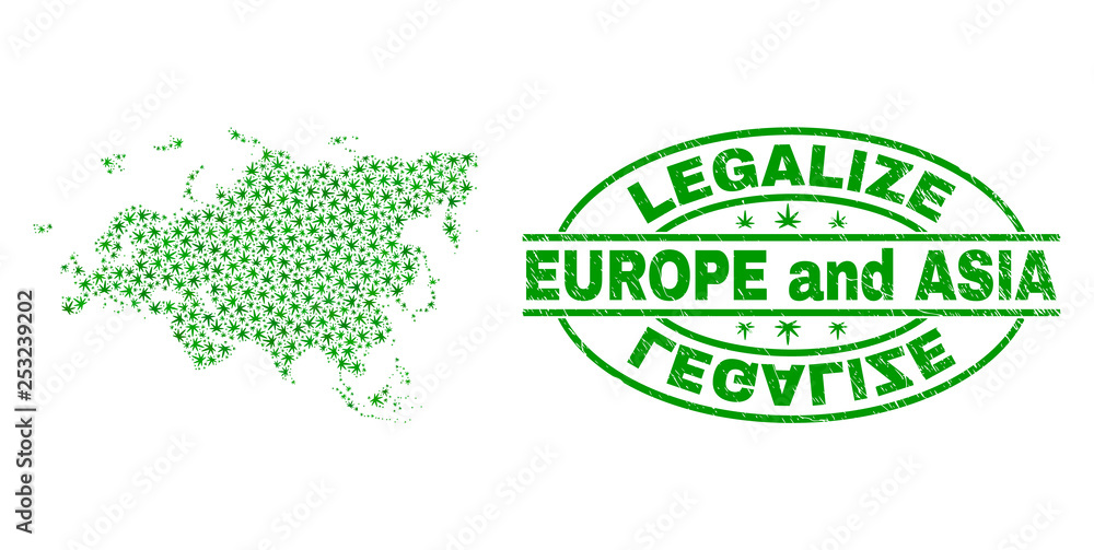 Vector cannabis Europe and Asia map mosaic and grunge textured Legalize stamp seal. Concept with green weed leaves. Concept for cannabis legalize campaign.