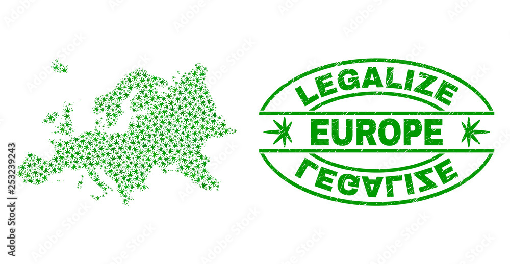 Vector cannabis Europe map collage and grunge textured Legalize stamp seal. Concept with green weed leaves. Concept for cannabis legalize campaign. Vector Europe map is designed with marijuana leaves.