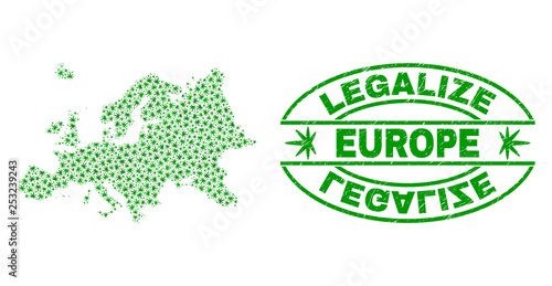 Vector cannabis Europe map collage and grunge textured Legalize stamp seal. Concept with green weed leaves. Concept for cannabis legalize campaign. Vector Europe map is designed with marijuana leaves.