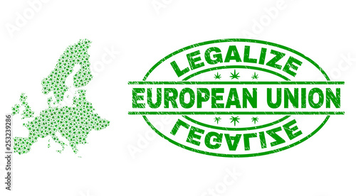 Vector marijuana European Union map collage and grunge textured Legalize stamp seal. Concept with green weed leaves. Concept for cannabis legalize campaign.