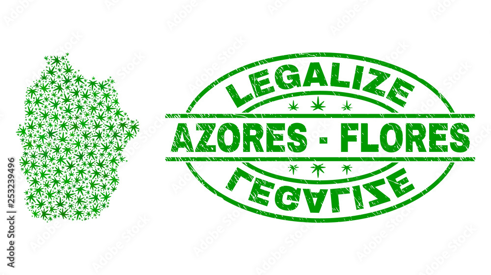 Vector marijuana Flores Island of Azores map mosaic and grunge textured Legalize stamp seal. Concept with green weed leaves. Concept for cannabis legalize campaign.