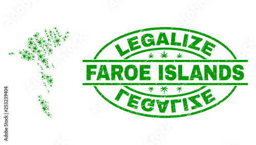 Vector marijuana Faroe Islands map mosaic and grunge textured Legalize stamp seal. Concept with green weed leaves. Concept for cannabis legalize campaign.