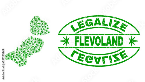Vector cannabis Flevoland Province map collage and grunge textured Legalize stamp seal. Concept with green weed leaves. Concept for cannabis legalize campaign.