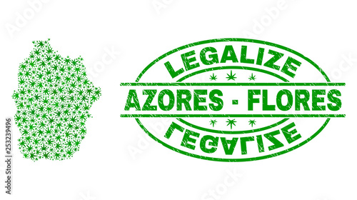 Vector marijuana Flores Island of Azores map mosaic and grunge textured Legalize stamp seal. Concept with green weed leaves. Concept for cannabis legalize campaign.