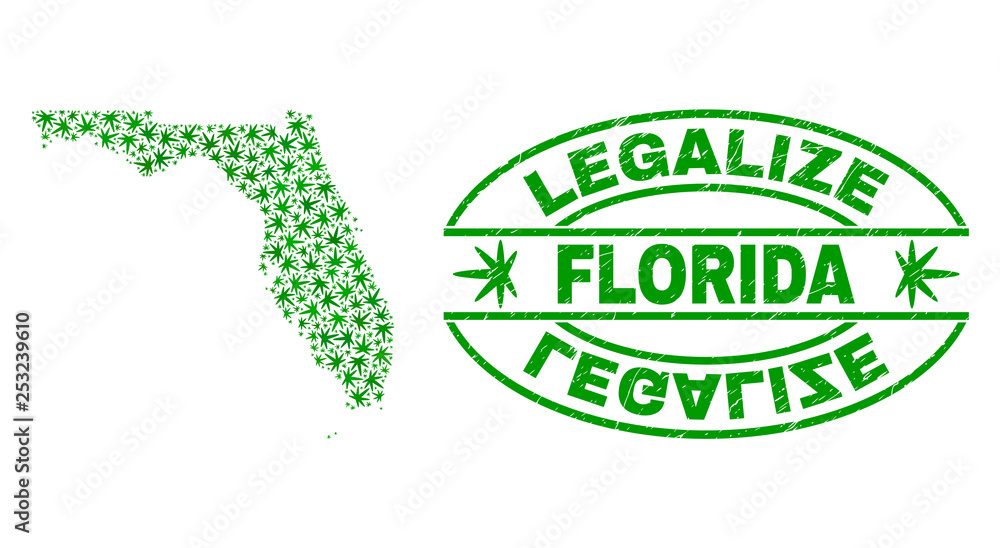 Vector cannabis Florida State map collage and grunge textured Legalize stamp seal. Concept with green weed leaves. Concept for cannabis legalize campaign.