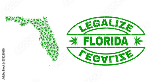 Vector cannabis Florida State map collage and grunge textured Legalize stamp seal. Concept with green weed leaves. Concept for cannabis legalize campaign.