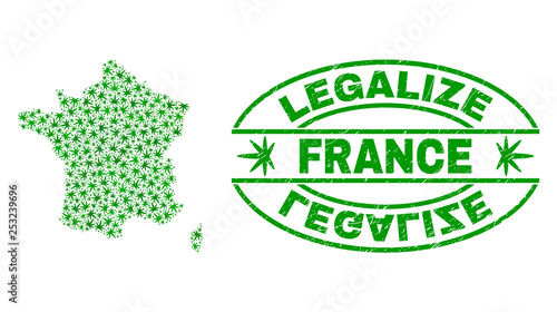 Vector cannabis France map collage and grunge textured Legalize stamp seal. Concept with green weed leaves. Concept for cannabis legalize campaign. Vector France map is composed with herbal leaves.