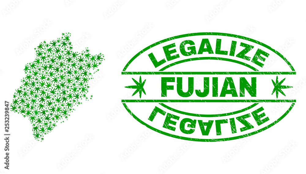 Vector cannabis Fujian Province map collage and grunge textured Legalize stamp seal. Concept with green weed leaves. Concept for cannabis legalize campaign.