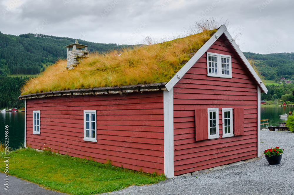 Typical wood house in the Norwegian village Kaupanger