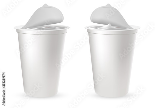 Realistic plastic packages for yogurt with foil lid, cap.