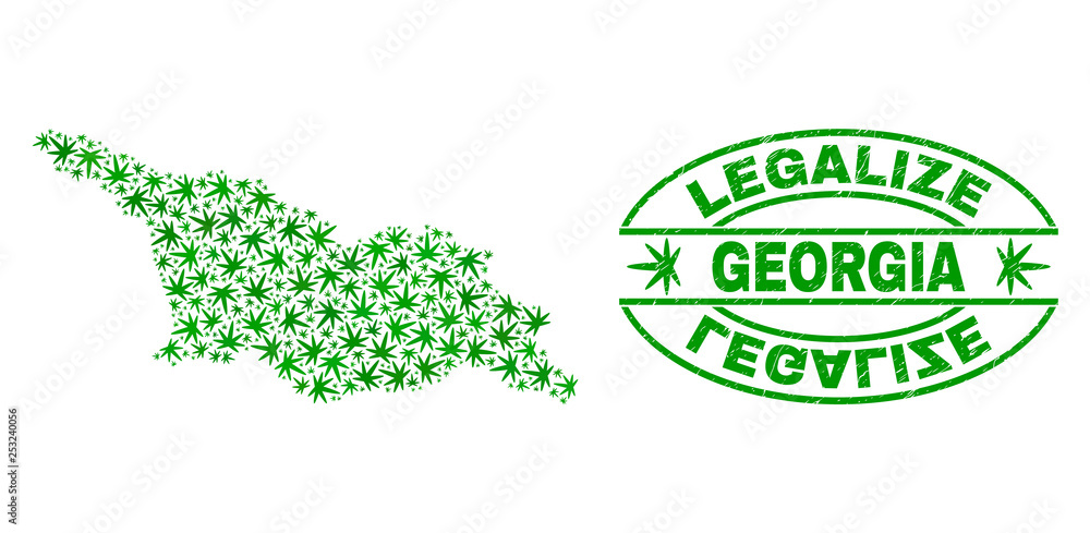 Vector cannabis Georgia map collage and grunge textured Legalize stamp seal. Concept with green weed leaves. Concept for cannabis legalize campaign. Vector Georgia map is designed with weed leaves.