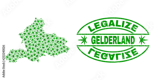 Vector cannabis Gelderland Province map collage and grunge textured Legalize stamp seal. Concept with green weed leaves. Template for cannabis legalize campaign.