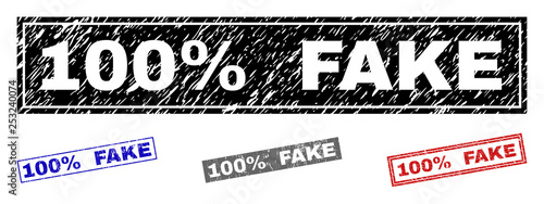 Grunge 100% FAKE rectangle stamp seals isolated on a white background. Rectangular seals with grunge texture in red, blue, black and gray colors.