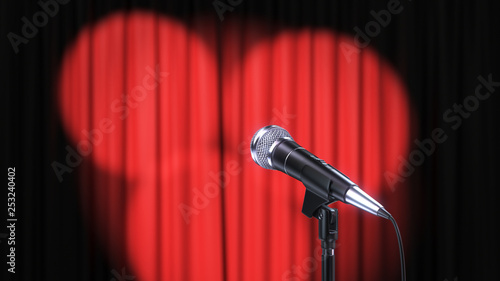 Red Curtain with Spotlights and Microphone, 3d Render