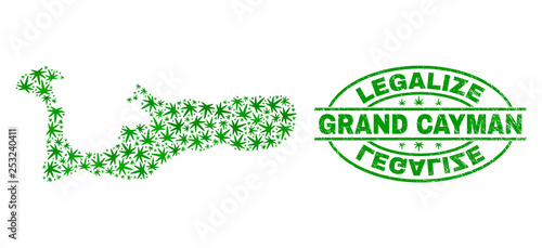 Vector cannabis Grand Cayman Island map collage and grunge textured Legalize stamp seal. Concept with green weed leaves. Concept for cannabis legalize campaign.