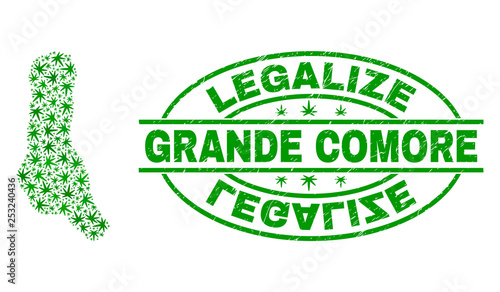 Vector cannabis Grande Comore Island map collage and grunge textured Legalize stamp seal. Concept with green weed leaves. Concept for cannabis legalize campaign.