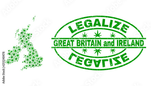 Vector cannabis Great Britain and Ireland map collage and grunge textured Legalize stamp seal. Concept with green weed leaves. Concept for cannabis legalize campaign.