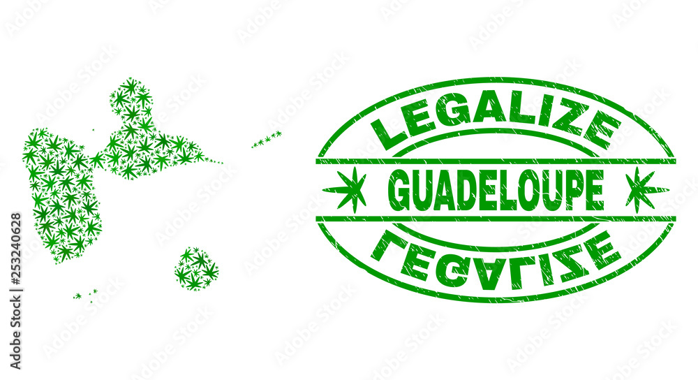 Vector cannabis Guadeloupe map mosaic and grunge textured Legalize stamp seal. Concept with green weed leaves. Concept for cannabis legalize campaign.