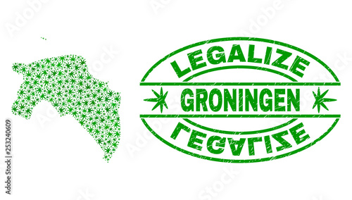 Vector cannabis Groningen Province map mosaic and grunge textured Legalize stamp seal. Concept with green weed leaves. Template for cannabis legalize campaign.