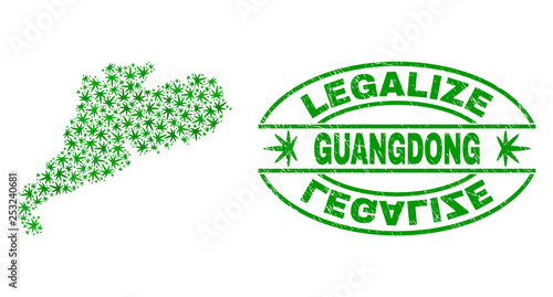 Vector cannabis Guangdong Province map mosaic and grunge textured Legalize stamp seal. Concept with green weed leaves. Template for cannabis legalize campaign.