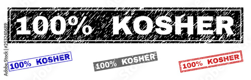 Grunge 100% KOSHER rectangle stamp seals isolated on a white background. Rectangular seals with grunge texture in red, blue, black and grey colors.