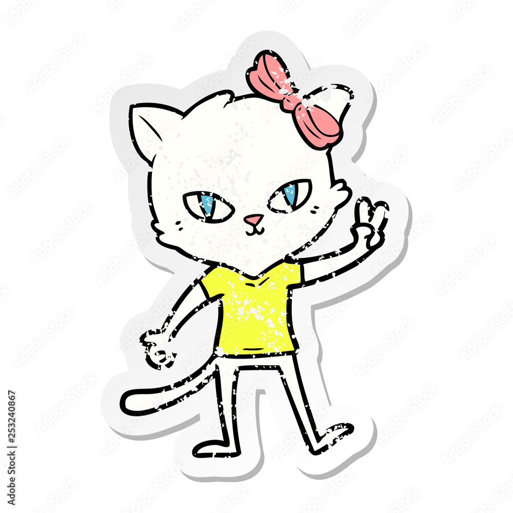 distressed sticker of a cute cartoon cat girl giving peace sign distressed sticker of a cute cartoon cat girl giving peace sign
