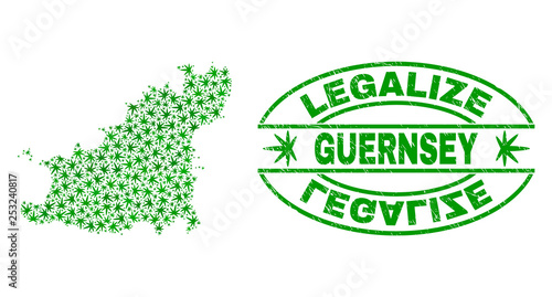 Vector cannabis Guernsey Island map mosaic and grunge textured Legalize stamp seal. Concept with green weed leaves. Concept for cannabis legalize campaign.