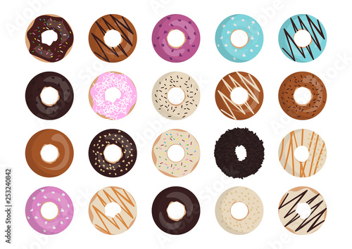 Donut. Donut vector set on white background in flat style. Donut collection. Set of 20 color donuts. Banner, poster, menu design, concept idea. 