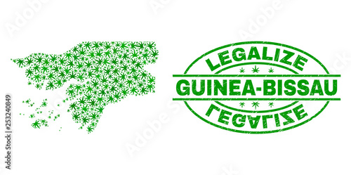 Vector cannabis Guinea-Bissau map collage and grunge textured Legalize stamp seal. Concept with green weed leaves. Concept for cannabis legalize campaign.