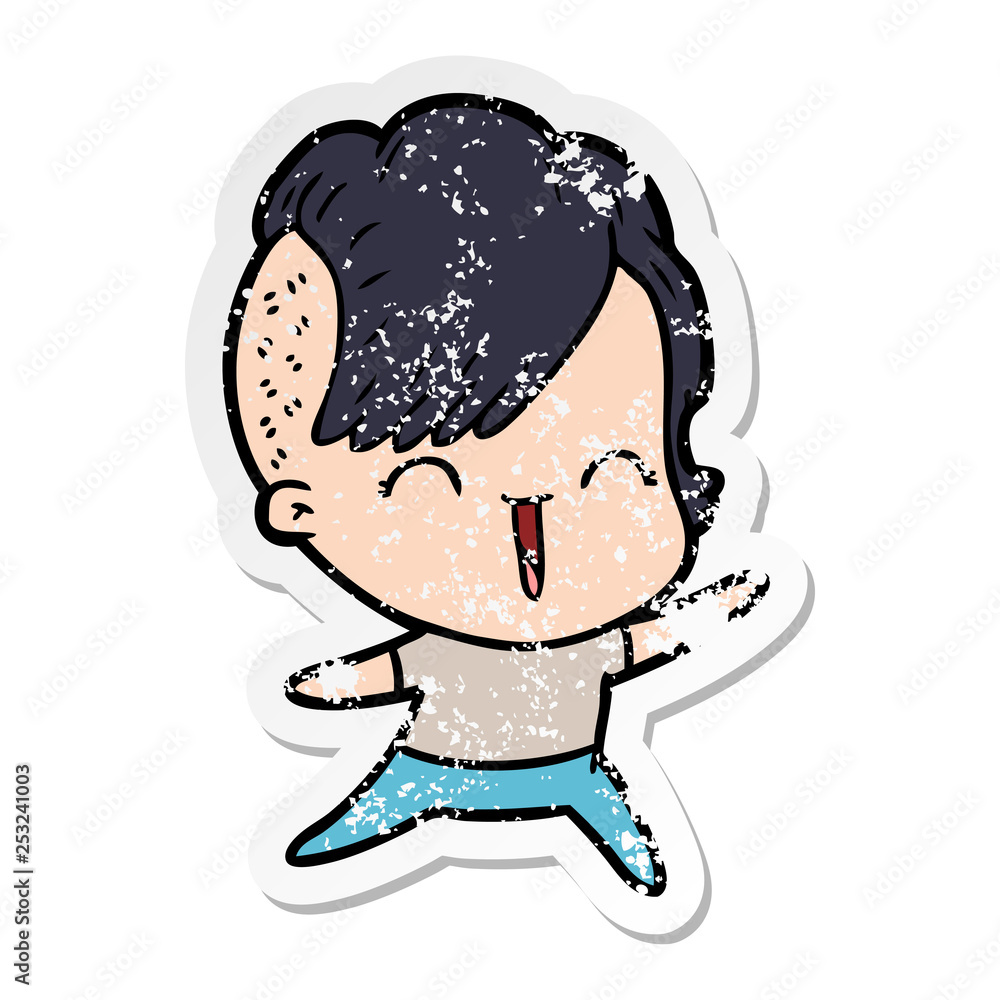 Obraz premium distressed sticker of a cartoon happy hipster girl