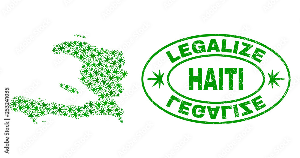 Vector cannabis Haiti map collage and grunge textured Legalize stamp seal. Concept with green weed leaves. Concept for cannabis legalize campaign. Vector Haiti map is created of weed leaves.